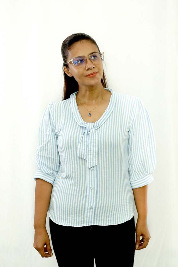 Long Sleeve Stripe Tie Blouse - Image 3