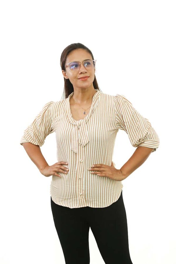 Long Sleeve Stripe Tie Blouse - Image 2
